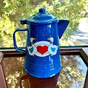 Vintage Tres Troquelles Blue Enamelware Coffee Pot White Spatter Folk  art 1970s
